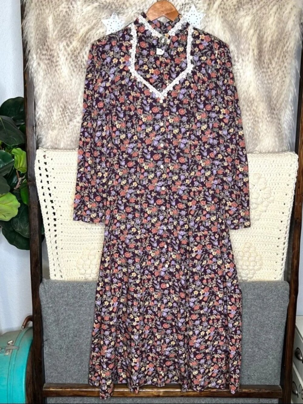 Vintage Dawn Joy Fashions Floral Long Sleeve Maxi Dress with Collar $49  Vintage